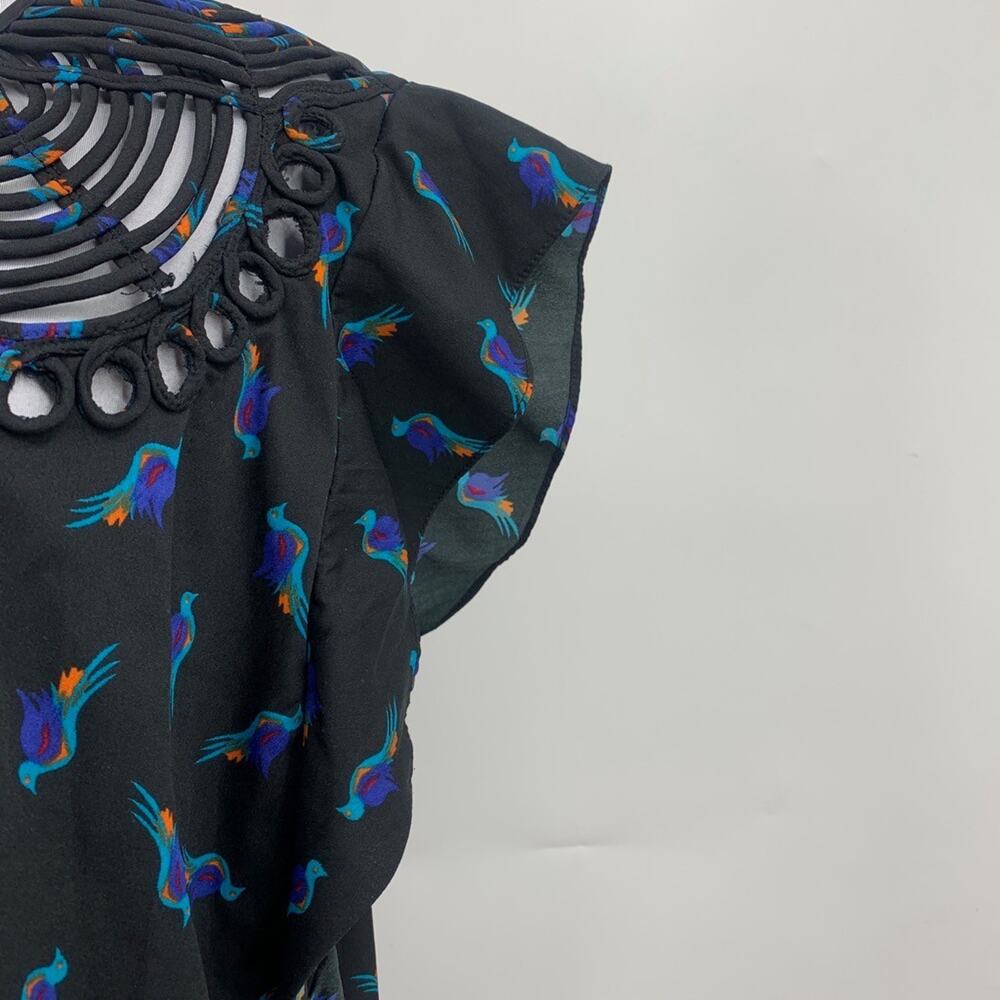 Ranna Gill Blouse Womens S Small Black Birds Cutout Neckline Flutter Sleeve Top - Picture 4 of 12